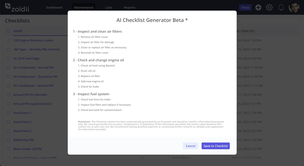 Zoidii AI Checklist Generator Results