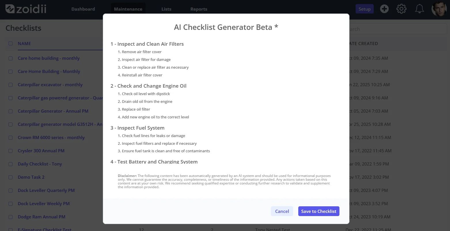 Zoidii AI Checklist generator