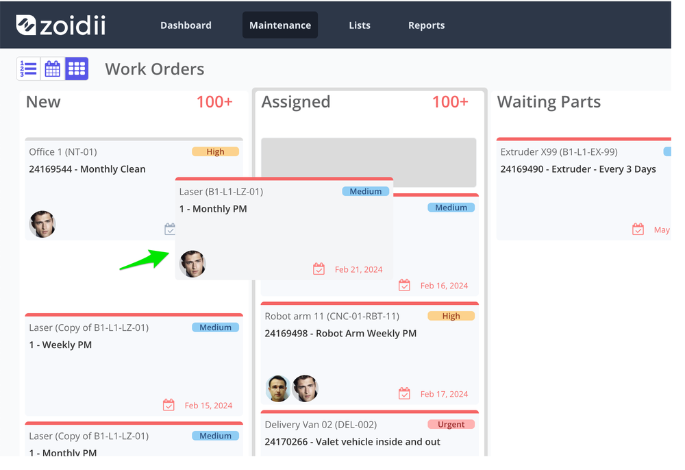 Zoidii Kanban Work Order Page